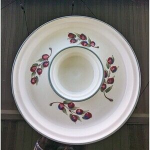 Cranberry Pottery Appetizer Dish With Bowl Attached for Dip Signed KTJ Red Cream